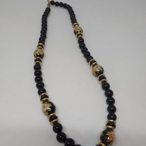 Vintage Black Beaded Hand Painted Flower Necklace